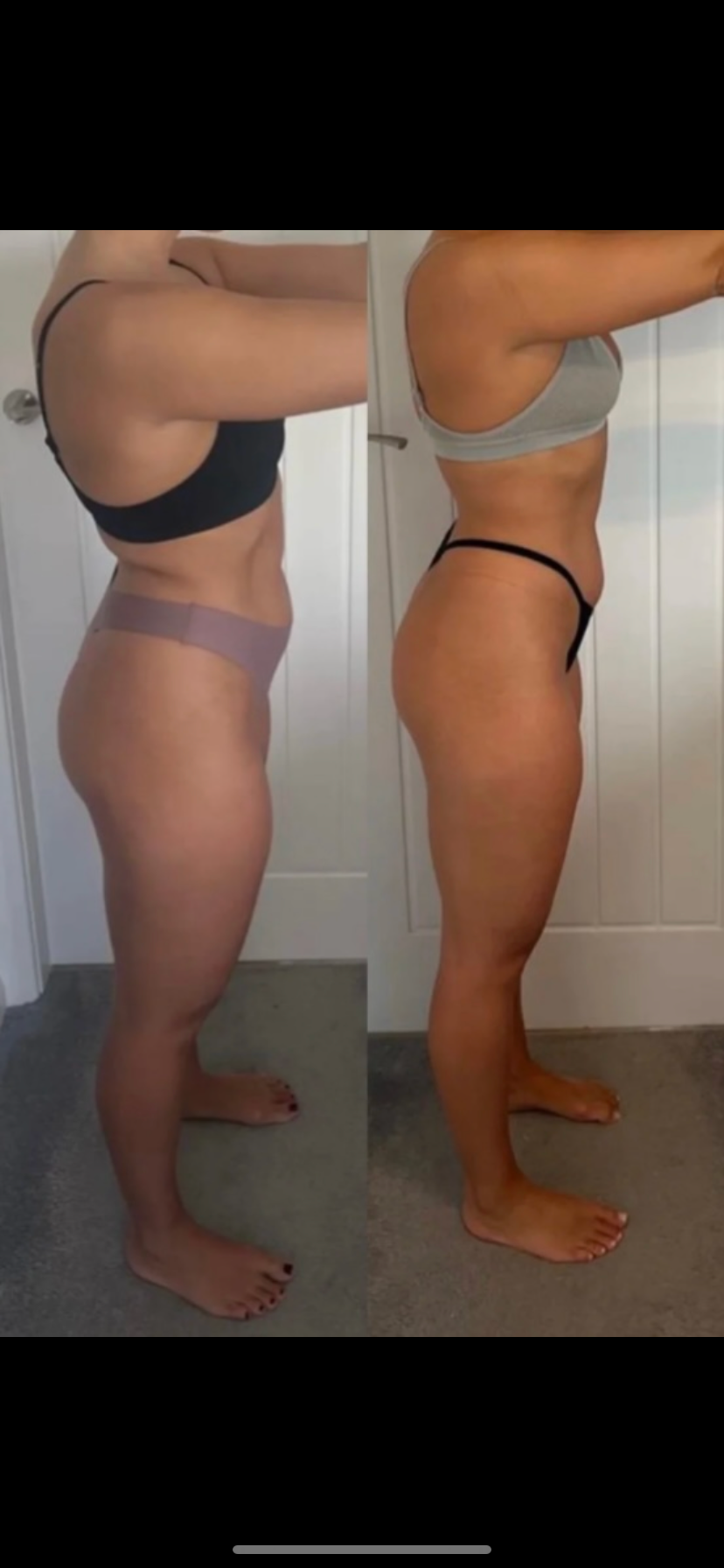 Side-by-side profile photos show a person in underwear before and after body changes, highlighting differences in waist, hips, and posture in a neutral indoor setting.