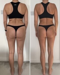 Before-and-after rear-view fitness photos show a woman in black sportswear standing indoors, with a visibly slimmer waist and legs in the second image.