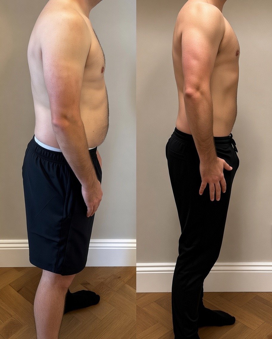 Side-by-side before-and-after photos show a shirtless man in profile wearing black shorts; his abdomen appears slimmer in the right image.